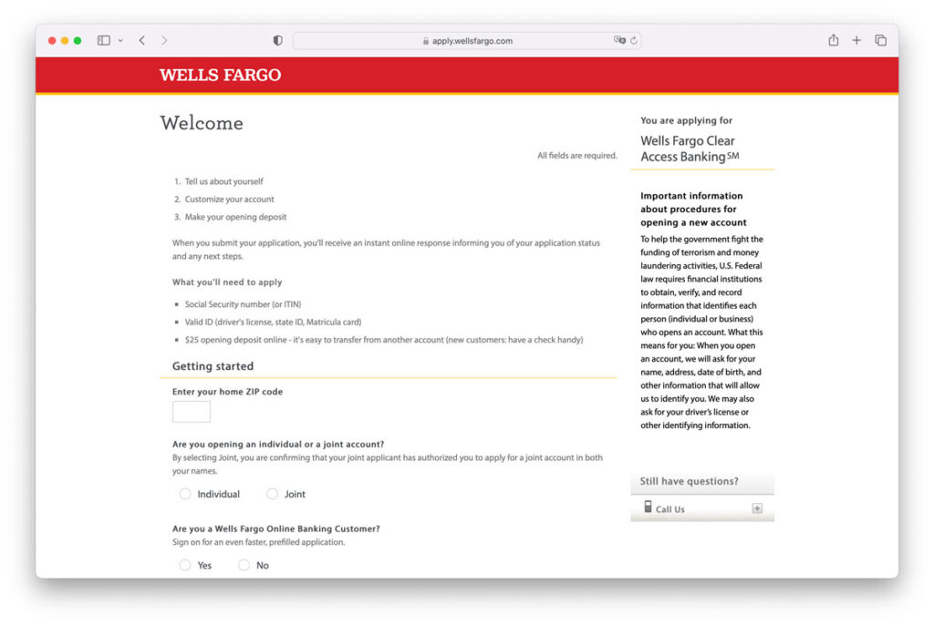 Abrir cuenta de Wells Fargo Online - Paso 2
